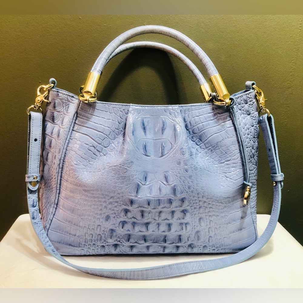 Brahmin Ruby Satchel Periwinkle Blue 2 Handles Shoulder Croc Leather Handbag